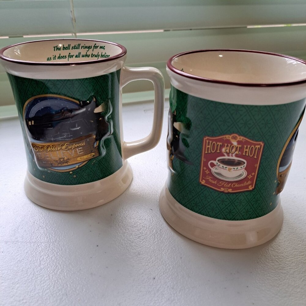 Set of 2 Polar Express Hot Chocolate Mugs Christmas Train Decor Bell Still Rings
